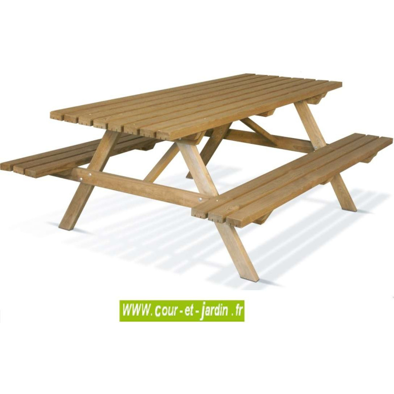 Table pique nique bois avec bancs intégrés - dans la catégorie : table de jardin avec banc s de Jardipolys -