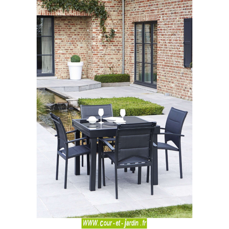 Salon de jardin aluminium "Modulo 4" noir à 4 fauteuils avec textilène Salon de jardin aluminium "Modulo 4" noir à 4 fauteuils avec textilène
