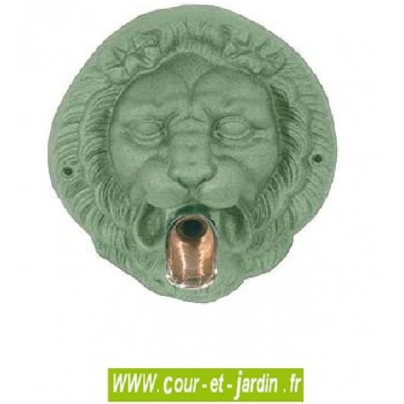 Mascaron Tête de lion coloris vert antique, à bec verseur - Fontaine murale de jardin