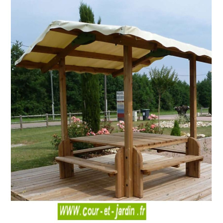Table de pique nique bois avec tonnelle -  cette Table forestière Élite ou table avec banc, est en bois traité cl.4