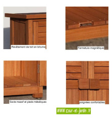 Détails de cette armoire de jardin Pépe.  Ce meuble rangement balcon ou placard pour balcon est en bois raboté lasuré brun.