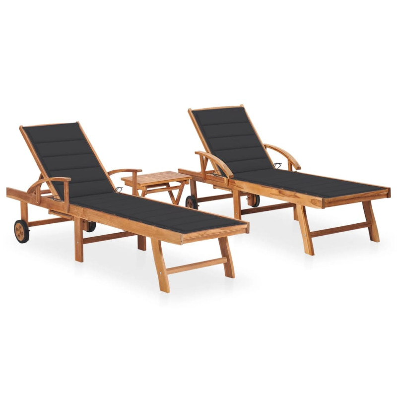 Chaises longues 2 pcs avec table et coussin Bois de teck solide Chaises longues 2 pcs avec table et coussin Bois de teck solide