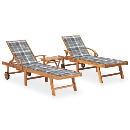 Chaises longues 2 pcs avec table et coussin Bois de teck solide