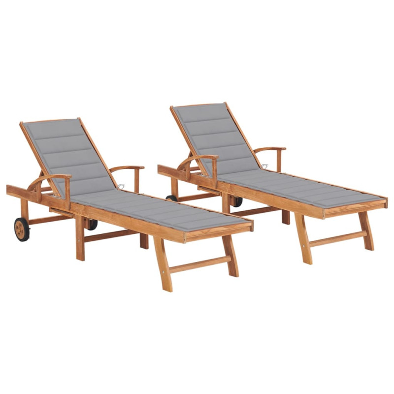 Chaises longues 2 pcs avec coussin gris Bois de teck solide Chaises longues 2 pcs avec coussin gris Bois de teck solide