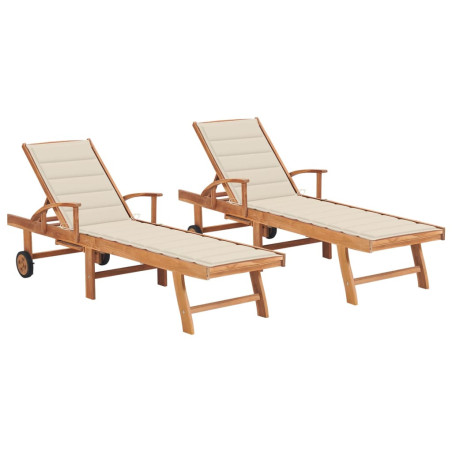 Chaises longues 2 pcs avec coussin crème Bois de teck solide