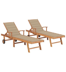Chaises longues 2 pcs avec coussin beige Bois de teck solide