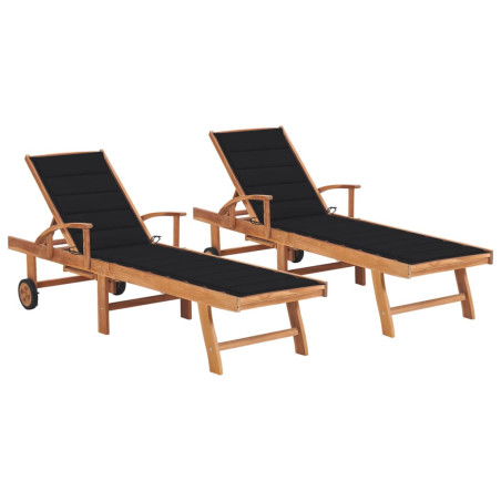 Chaises longues 2 pcs avec coussin noir Bois de teck solide