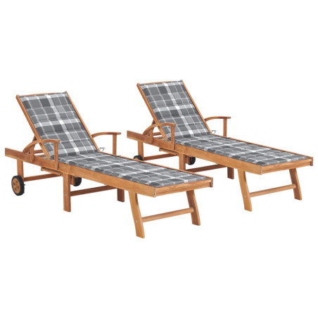 Chaises longues 2 pcs avec coussin carreaux gris Teck solide
