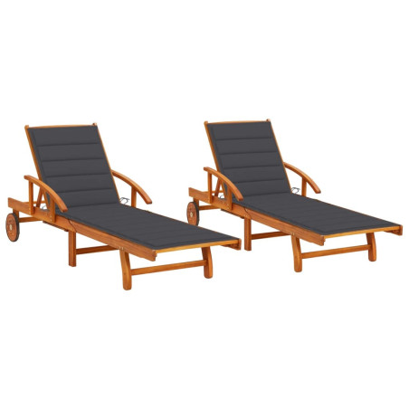 Chaises longues 2 pcs avec coussins Bois d'acacia solide