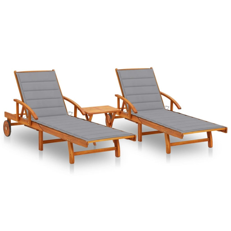Chaises longues 2 pcs avec table et coussins Acacia solide Chaises longues 2 pcs avec table et coussins Acacia solide