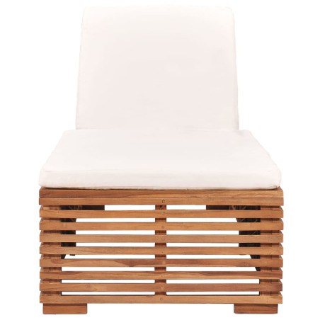 Chaise longue avec coussin crème Bois de teck solide