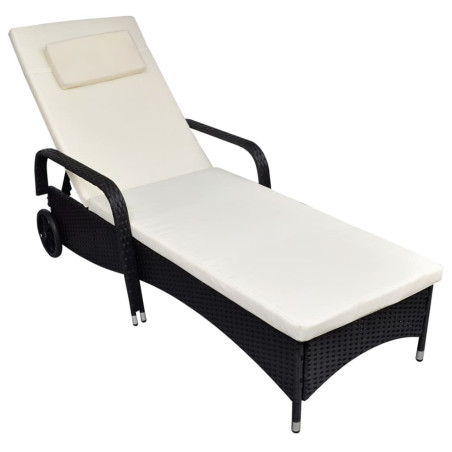 Chaise longue avec coussin et roues Résine tressée Noir