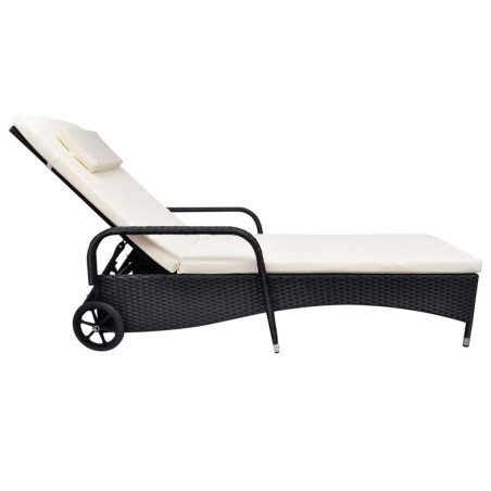 Chaise longue avec coussin et roues Résine tressée Noir