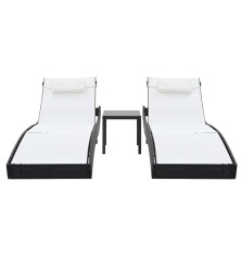 Chaises longues 2 pcs et table Résine tressée et textilène Noir