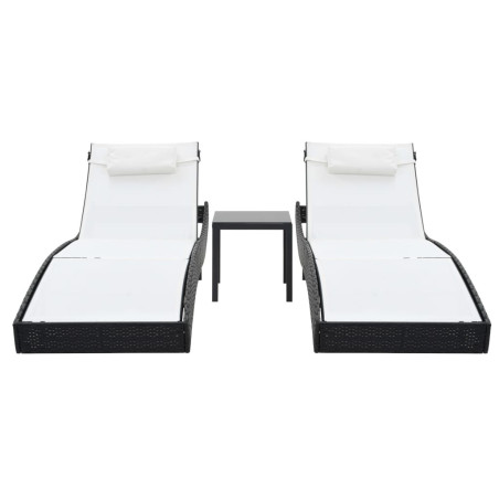 Chaises longues 2 pcs et table Résine tressée et textilène Noir