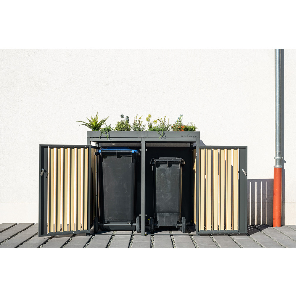 Cache poubelle Anthracite avec toit jardinière- 134x84x125 cm - Cour et  Jardin