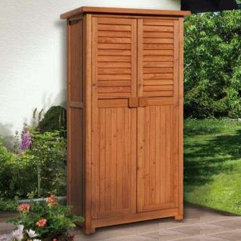 Armoire de balcon haute en bois. Ce meuble de balcon PÉPE, ou armoire de terrasse est lasuré brun