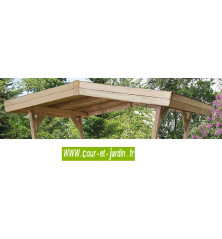 Gros plan de la toiture de la Tonnelle Bavaria en bois. Table pique-nique. Table de jardin avec banc   s.
